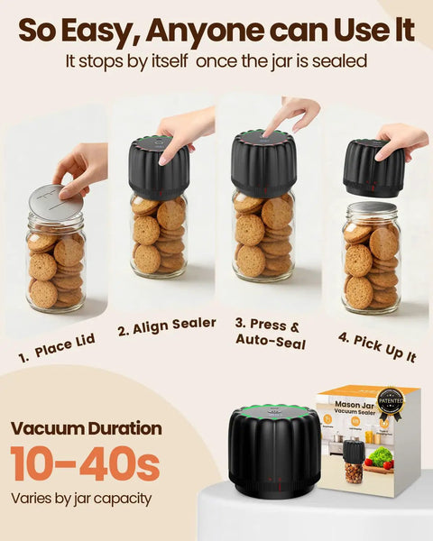 Steps to use Upgraded Electric Mason Jar Vacuum Sealer Kit with Wide and Regular Mouth Lids for sealing a jar of cookies.