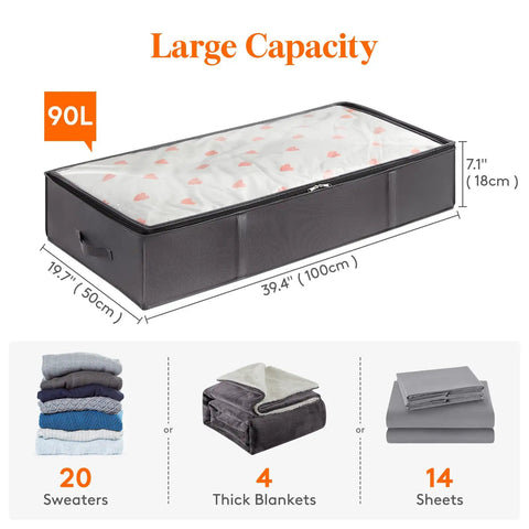 4 Pack Under Bed Storage Containers 95L Large Capacity With Reinforced Handles For Blankets, Comforters, Sheets And Clothes Game Changer Dorm Room Organization, Closet Storage, Neat Bedroom Gear Grey