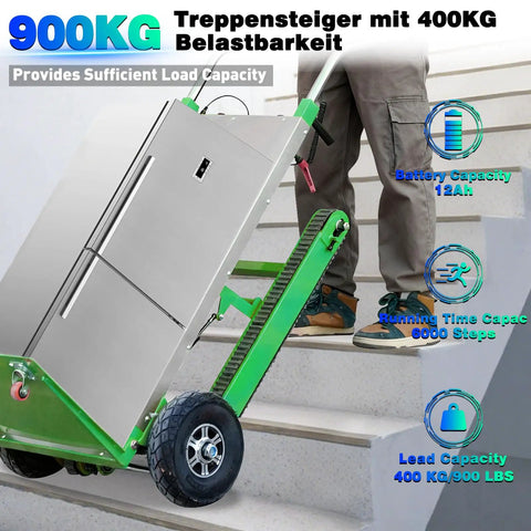 Heavy Duty Electric Stair Climbing Hand Truck With Upgraded Tracks And Height Adjustable Tray For Efficient One Person Lifting, 900lbs Capacity Lithium Battery Trolley Includes Safety Rope For Warehouse Moves navigating stairs with refrigerator.