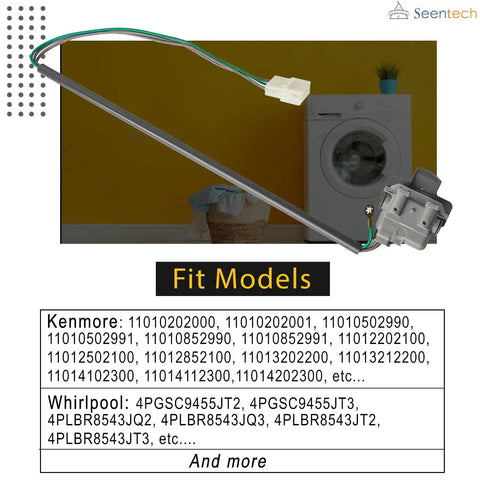 Washer Lid Switch Replacement 3949247 for Whirlpool Kenmore with fit models list and wiring detail against yellow wall.
