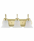 Riviera Three Light Bath Light In Polished Brass Your Go To Classic Traditional Fixture With Steel Construction Brighten Your Bathroom With Timeless Style And Durable Build 18 Inch Wide 8 Inch High 8 Inch Deep, features three white glass shades and brass finish