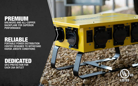 Heavy Duty Portable Temporary Power Box With Six 5-20R Receptacles And Reliable GFCI Protection Built Like A Tank With 14 Gauge Steel For Demanding Jobsite Projects on rocky ground.