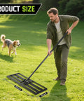 Man using Pro Grade Heavy Duty Lawn Leveling Rake With Adjustable Length 16 To 77 Inches Stainless Steel Ground Soil Spreader