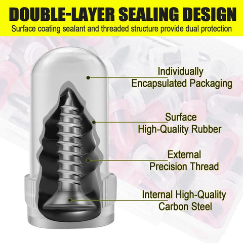 61 Piece Screw Tire Plug Kit With Screwdriver double-layer sealing structure with encapsulated design, rubber, and carbon steel.