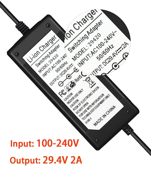 Fast 29.4V 2A Universal Battery Charger for Electric Scooters, 3 Plugs, 25.2V Li Batteries Replacement Smart Charger with Barrel 5.5mm, 12mm and 8mm Plug Options, Safe High Speed Charging