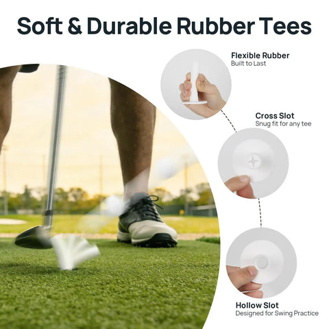 Flexible rubber tees being struck on a golf mat, highlighting the 68 Pcs Golf Mat Tees Set With Rubber Tees For Simulators And Hitting Mats.