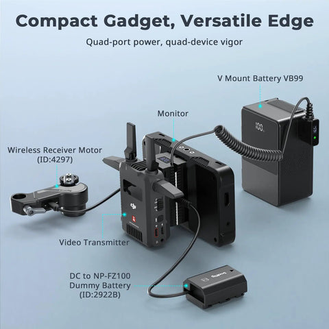 Compact setup with V Mount Battery, monitors, and DC to NP-FZ100 Dummy Battery, shows D Tap To Dual Sided NP-F Dummy Battery With USB-C Port And DC Output LED Display, Powers Monitors And Wireless Transmitters On NP-FZ100, LP-E6NH, LP-E6P, EN-EL15C, And DMW-BLK22 capabilities.