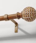 Imitation Wood Grain Ball Curtain Rod Set With Brackets Built Tough 1 Inch Adjustable Drapery Rods For Windows close-up of leaf finial