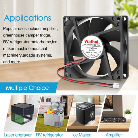 High Speed 80mm 24V DC Brushless Cooling Fan 2 Pin for DIY projects displayed on table with application examples
