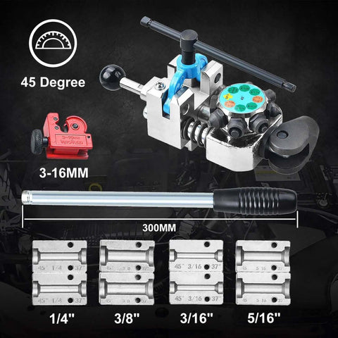 Pro Grade Brake Line Flaring Tool Kit With 37 And 45 Degree Flare Sets, includes tubing cutter and size dies for 3/16 to 5/16 inch tubing.