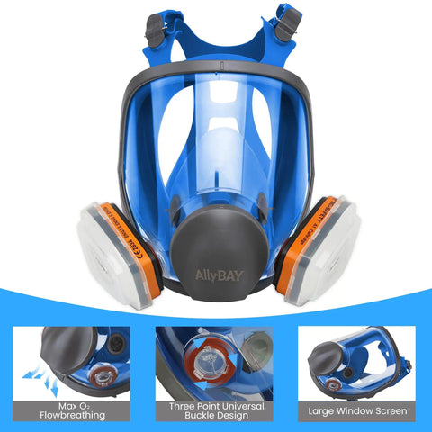 Front view of Full Face Reusable Respirator Mask With A1 Organic Vapor Filters And P2 Dust Filters for protection in various tasks.