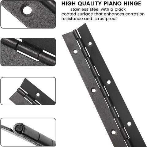 Top Shelf Hella Durable 2 Pack 18 Inch Black Stainless Steel Full Length Piano Hinges showing details and mounting holes.