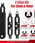 3mm And 4mm E Clips Assortment Kit With Pro Grade Ergonomic Installation And Removal Tool Includes 400 Clips And 100 Silver And 100 Black For Each Size Plus 2 Interchangeable Blades For DIY Auto Projects, black clip tool shown