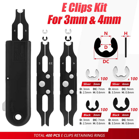 3mm And 4mm E Clips Assortment Kit With Pro Grade Ergonomic Installation And Removal Tool Includes 400 Clips And 100 Silver And 100 Black For Each Size Plus 2 Interchangeable Blades For DIY Auto Projects, black clip tool shown