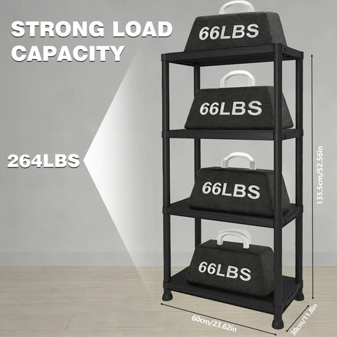 Rock Solid Plastic Storage Shelves 4 Tier Heavy Duty Shelving Unit With 264 LB Capacity, showing four tiers with weights.