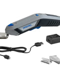 Dremel 4V Cordless Electric Scissors With USB Rechargeable Battery And Two Sharp Hssc Blades for cutting materials.