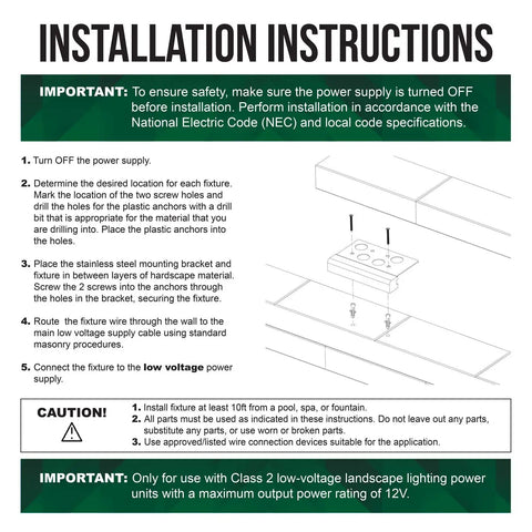 Installation instructions for 8-Pack 4-Inch LED Hardscape Lights for Pavers and Walls, 2W 2700K Warm White Outdoor Step Lighting.