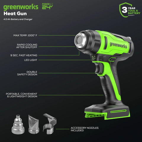 Cordless Heat Gun Kit With 24V Battery And Charger Included, Portable Hot Air Tool For Home, Garage, Outdoors, 1000F Max, 3 Nozzles, 9-Second Heat Up Now displayed with features and accessories