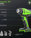 Cordless 24V Heat Gun Kit With Battery And Charger, Fast Heat Up To 1000F, 3 Nozzles, LED Light shown with features listed.