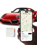 Real Time GPS Vehicle Tracker With Five Second Live Updates For Cars Trucks And Fleet Management displayed with a smartphone and a luxury red car.