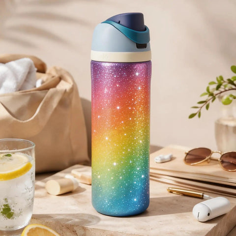 Colorful, glittery water bottle on a table with sunglasses and a drink nearby, showcasing outdoor lifestyle.