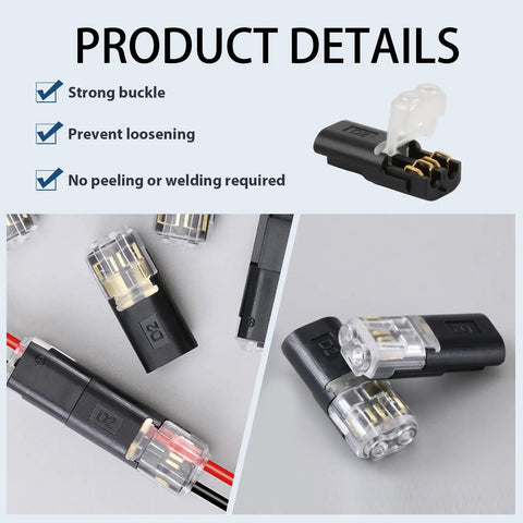 Two Pin LED Strip Light Connectors With Locking Buckle Quick Plug In Splice Clips for 22 18 AWG Wires shown with product details