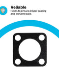 Square black rubber water heater element gasket with four mounting holes and a large central bore.