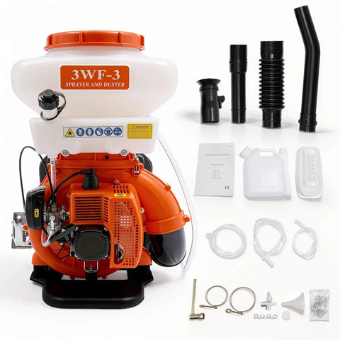Gas Powered Backpack Fogger with Three Point Seven Gallon Tank and Forty One Point Five Cc Engine Delivers Beast Mode Two Point Thirteen Kilowatt Power shown with accessories