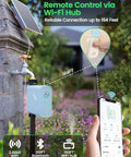 Smart WiFi Water Timer for garden hose faucet shown with solar panel, smartphone app, and WiFi hub indication.