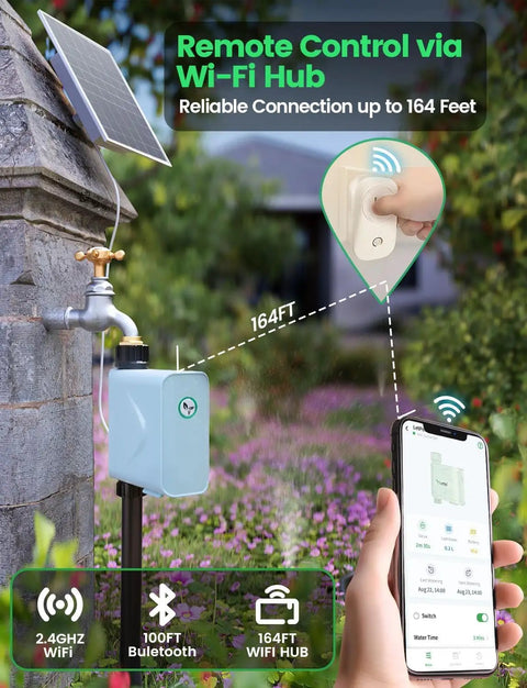 Smart WiFi Water Timer for garden hose faucet shown with solar panel, smartphone app, and WiFi hub indication.