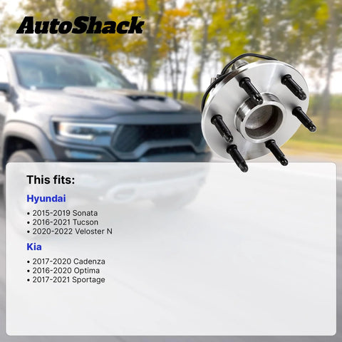 Front And Rear Wheel Hub Bearing Assemblies Without ABS Replacement For Hyundai Sonata 2015 2019, Hyundai Tucson 2016 2021, Kia Optima 2016 2020, Kia Sportage 2017 2021 4 Piece Set OEM Grade For Smooth Quiet Rotation displayed on road background.