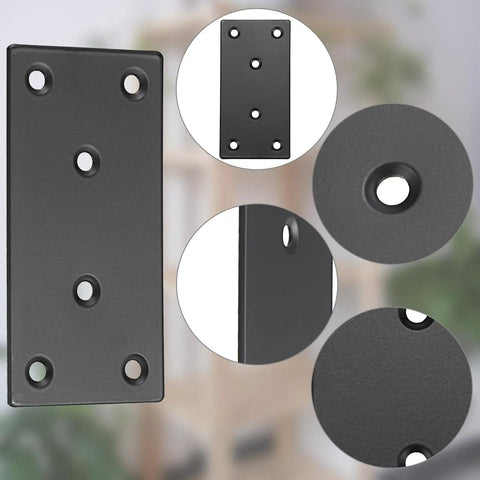 Heavy Duty Stainless Steel Mending Plates 12 Pack Black Finish Straight Brackets With Screws close-up showing mounting holes on sturdy black plate.