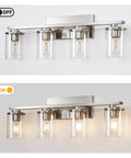 Brushed Nickel Vanity Light Fixtures For Modern Bathrooms With Clear Glass Shades Four Light E26 Standard Socket shown on and off