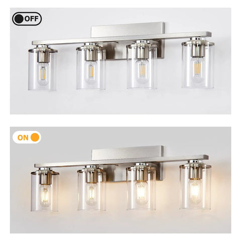 Brushed Nickel Vanity Light Fixtures For Modern Bathrooms With Clear Glass Shades Four Light E26 Standard Socket shown on and off