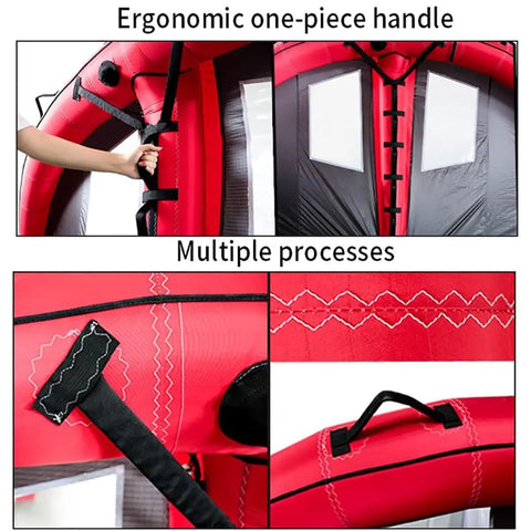 Close-up of inflatable 6m foil wing kite with ergonomic handle and durable stitches, part of surf gear for water sports.
