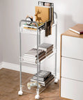 Clear 3 Tier Acrylic Rolling Storage Cart With Four Extension Poles For Tall Items And Bottles Laundry Room Bathroom Office Or Living Room Organization Mobile Multifunction Shelving Unit next to a white dresser in a room corner.