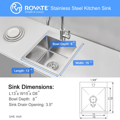 15 X 17 Inch Drop-In Black Nano Finish Bar Sink 304 Stainless Steel Prep Sink With Basket Strainer dimensions and features diagram