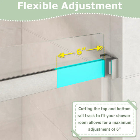 Heavy Duty Frameless Double Bypass Sliding Shower Door 55 To 60 Inches Wide By 76 Inches Tall showing flexible 6-inch adjustable rail track.