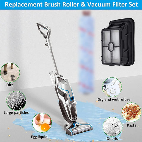 Front view of gray and white Bissell CrossWave replacement brush roller and vacuum filter set, 2-pack.