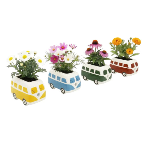 Mini Ceramic Flower Bus Grow Kit Four Pack With Colorful Retro Bus Planters And Seeds Daisy Cosmos Calendula Coneflower