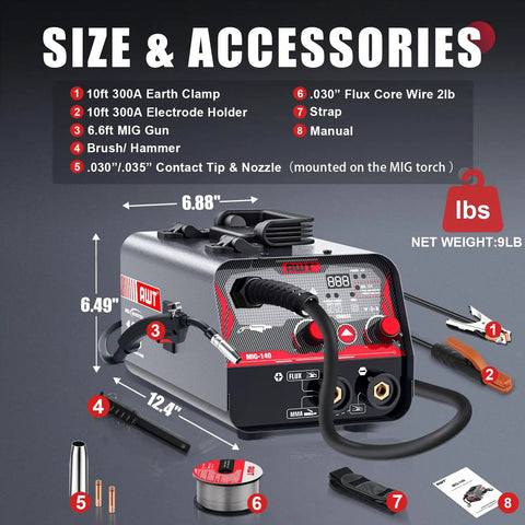 Upgrade Your DIY Game With This Awt 140A Mig Welder Machine That Does Flux Core And Stick Welding On One Handy 110V Unit, showing size and accessories.