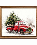 Watercolor Red Pickup Truck Wall Art Featuring a Christmas Tree in Tow for Cozy Farmhouse Holiday Decor Vibes, Unframed 11x14 Inch Print