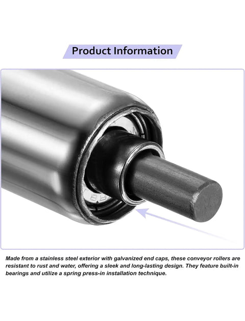 Close-up of Heavy Duty Stainless Steel Unpowered Roller Conveyor 38mm with galvanized ends, showcasing built-in bearings for smooth operation.
