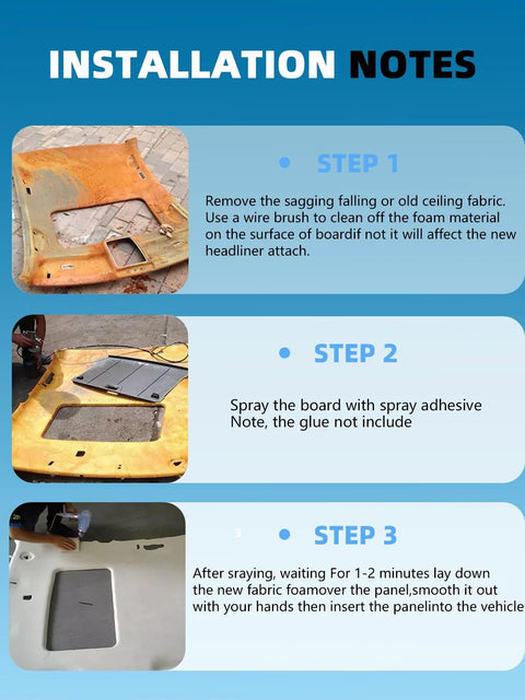 YOKKIP black suede headliner fabric installation guide with steps 1-3: remove old headliner, apply adhesive, fit panel.