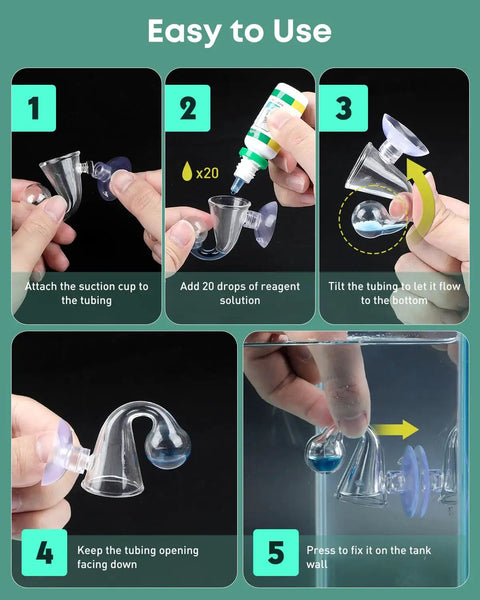 Glass CO2 Drop Checker For Aquarium Complete Plant Tank CO2 Monitor Kit With Reagent Solution And Suction Cups Easy Read CO2 Indicator For Planted Tanks Detects Carbon Dioxide Levels Quickly And Accurately. 5-step setup guide, glass drop checker and suction cup