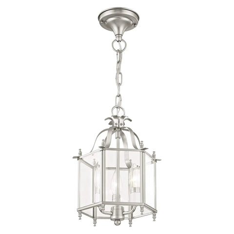 Three Light Brushed Nickel Hanging Lantern Or Flush Mount Chandelier with Clear Beveled Glass for Dining Room or Foyer