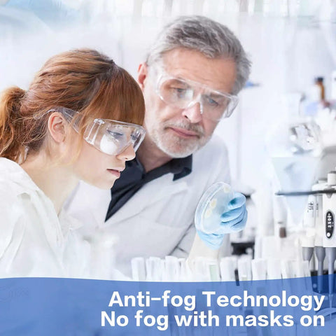 Clear Safety Glasses Over Eyeglasses 12 Pack Anti Fog Scratch Resistant Eyewear worn by researchers in a lab