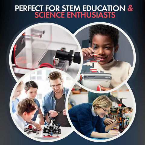 Image collage with Awesome High Tech Electromagnetic Coil Accelerator Kit For STEM Education And Creative Learning Hands On Physics Experiment Toy For Adults Multifunctional Particle Physics Demonstration Model For Home School And Makers, showing diverse users in educational settings.