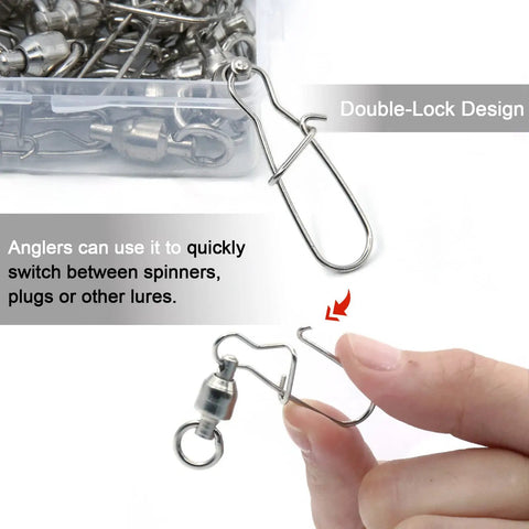 Duo Lock Ball Bearing Snap Swivels For Fishing Lures And Tackle, Easy Open Barrel Swivels For Quick Lure Swaps And Heavy Duty Saltwater Snaps That Handle Big Fish And Rough Tides, double-lock hook shown with lure