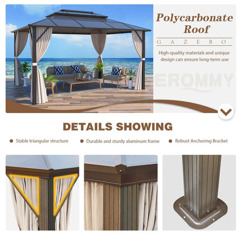 10 Foot By 13 Foot Gazebo With Double Polycarbonate Roof, Durable Aluminum Frame Pergola for Garden Patio